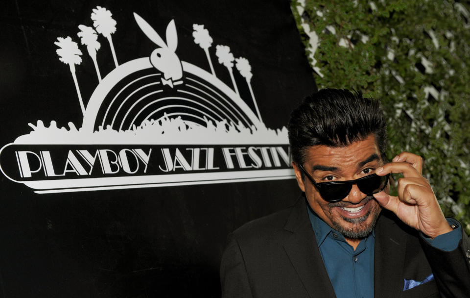 George Lopez, the master of ceremonies for this year's Playboy Jazz Festival, poses following a news conference at the Playboy Mansion on Thursday, Feb. 28, 2013 in Los Angeles. The 35th Anniversary Playboy Jazz Festival will be held at the Hollywood Bowl on June 15 and 16. (Photo by Chris Pizzello/Invision/AP)