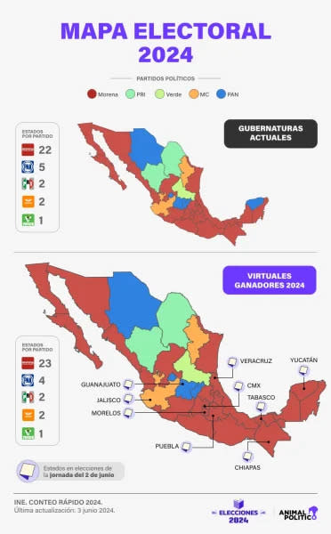 prep mapa estados resultados gubernaturas partidos elecciones 2024