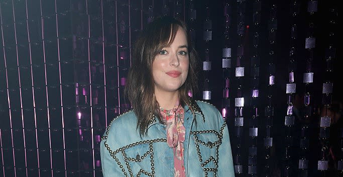 Dakota Johnson looks *so* feminine rocker country chic in this studded leather jacket