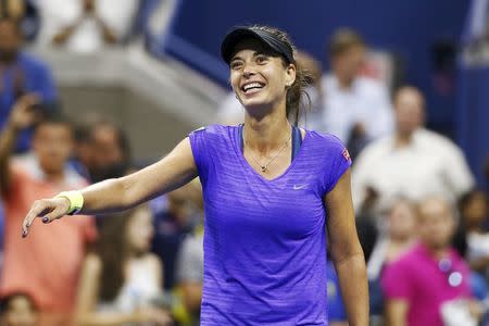 Petra Cetkovska of Czech Republic celebrates her win over Caroline Wozniacki of Denmark during their second round match at the U.S. Open Championships tennis tournament in New York, September 4, 2015. REUTERS/Shannon Stapleton