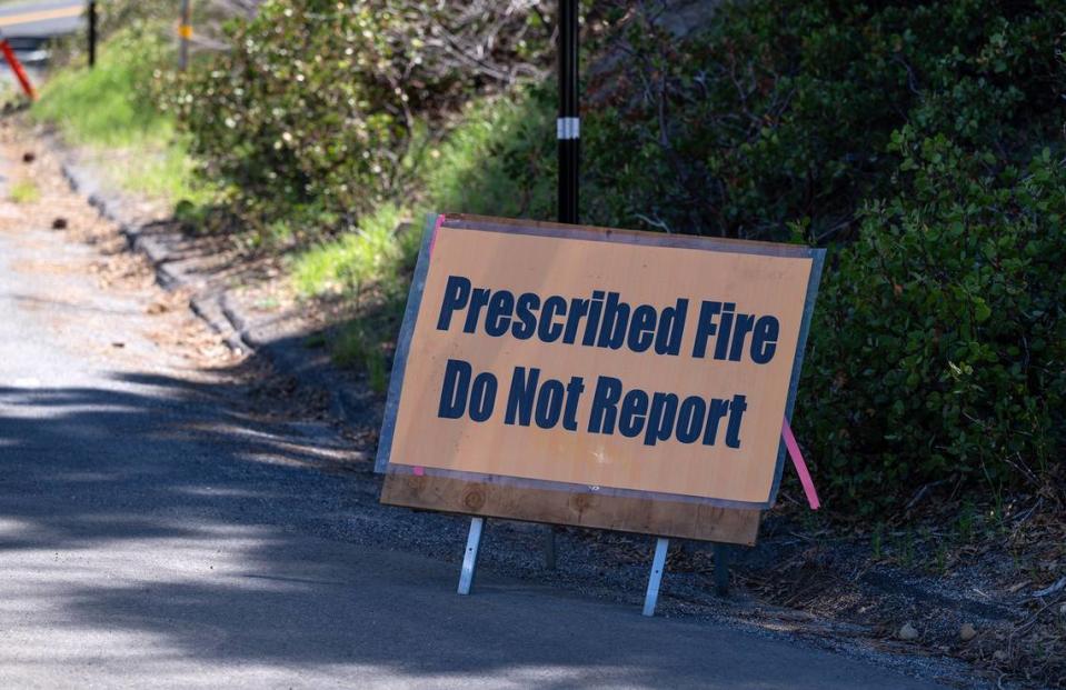 Firefighter work a prescribed burn along Highway 108 in the Stanislaus National Forest near Strawberry, Calif., on Friday, May 20, 2022.