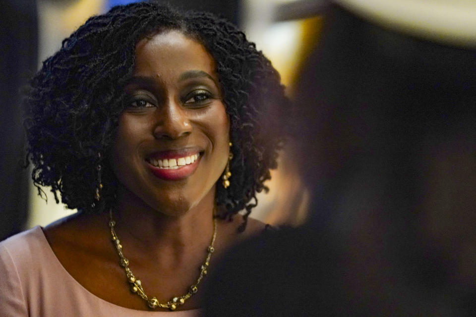 Khady Kamara, executive director of Perelman Performing Arts Center, a new theater complex on the grounds of the World Trade Center, speaks during an interview at the facility, Tuesday, Aug. 29, 2023, in New York. (AP Photo/Bebeto Matthews)