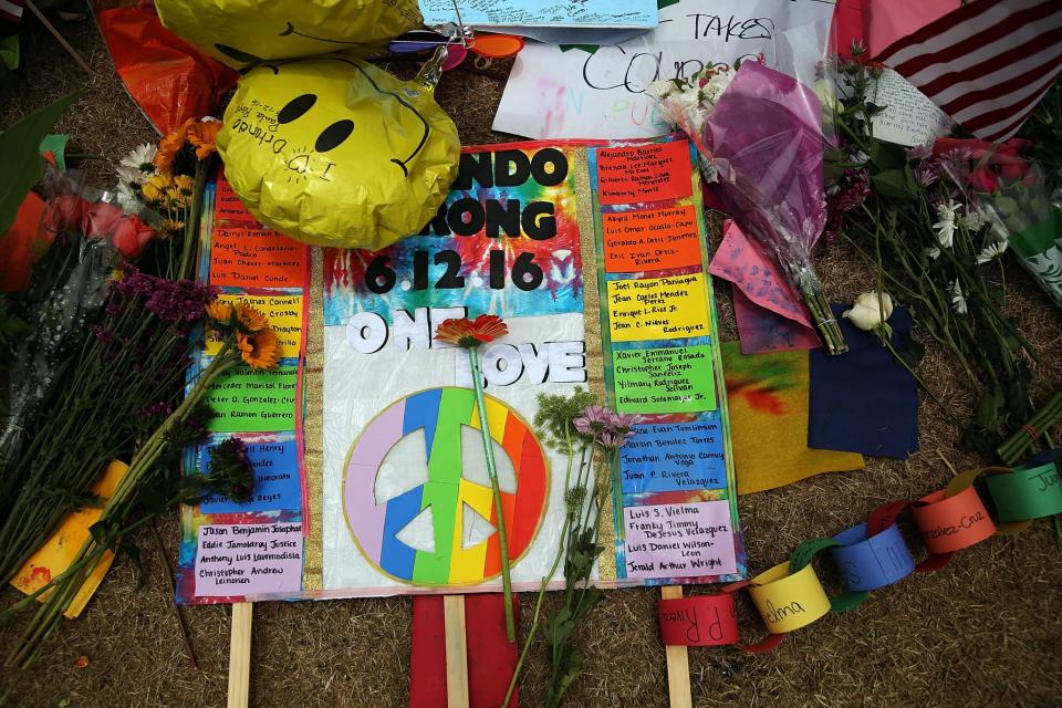 <p>A growing memorial to the victims of the Pulse nightclub attack sits in downtown Orlando on June 17, 2016 in Orlando, Florida. (Spencer Platt/Getty Images) </p>