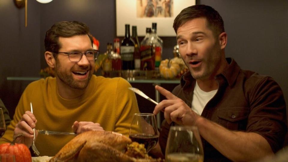 Billie Eichner, left, and Luke Macfarlane in “Bros.” (Universal Pictures)