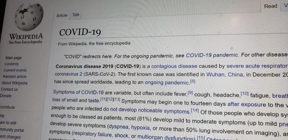 The Wikipedia page on COVID-19. Wikipedia is a free, non-profit information source and has been operating for more than two decades.