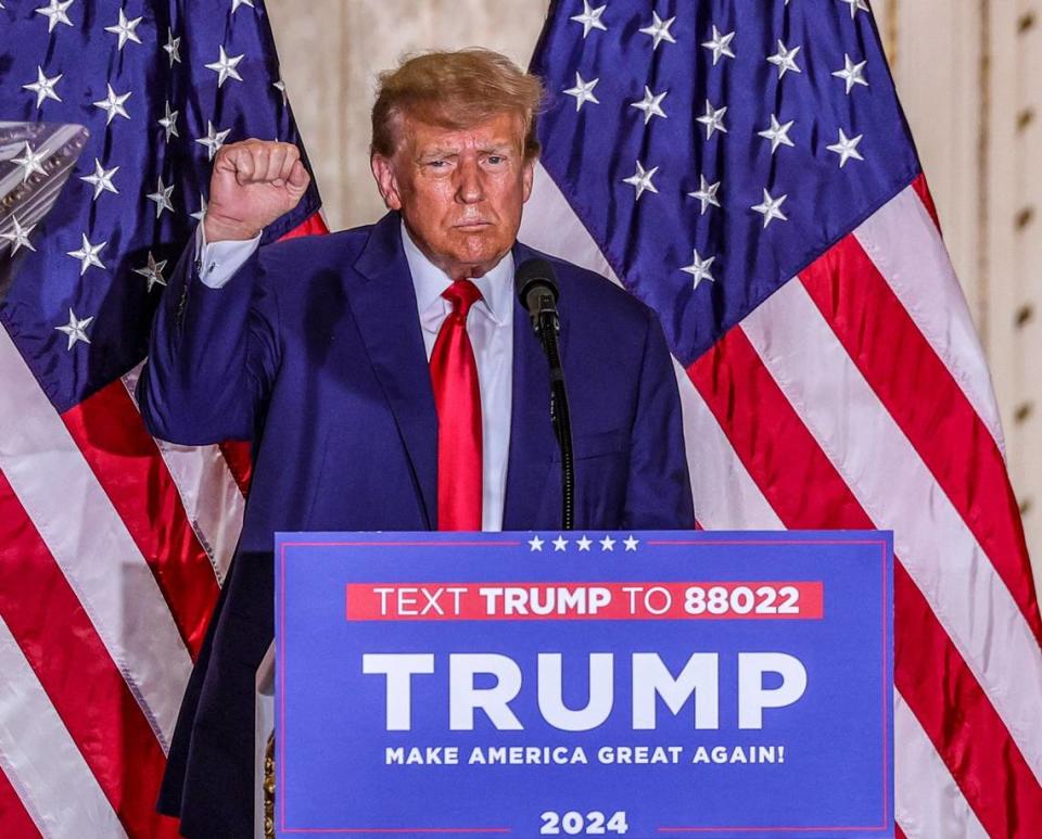 Former U.S President Donald J. Trump speaks to his supporters at an event at his Mar-a-Lago club in Palm Beach, Florida on Tuesday April 4, 2023. Trump was arraigned earlier that afternoon by a Manhattan grand jury for his alleged role in a scandal stemming from hush money payments made to the pornographic film actress Stormy Daniels prior to the 2016 U.S. presidential election.