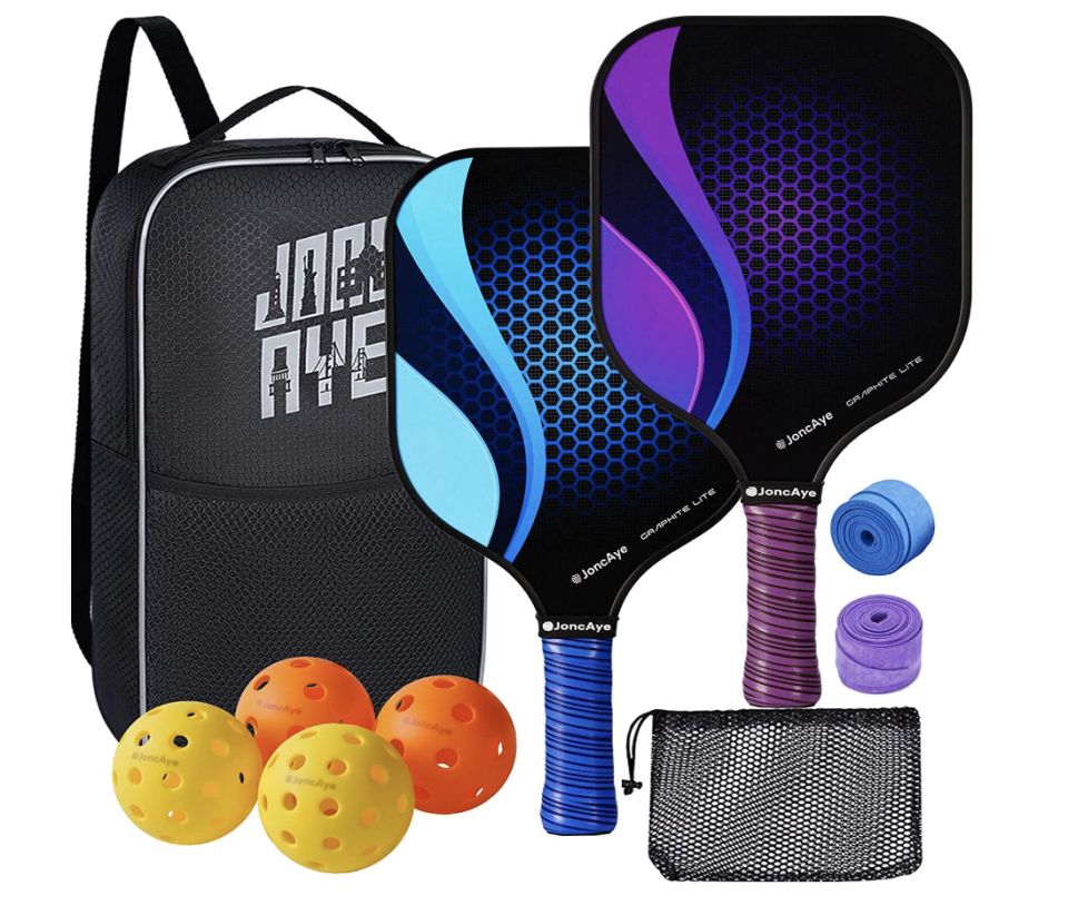 JoncAye Pickleball Paddle Set with bag, paddles, and balls (Photo via Amazon)