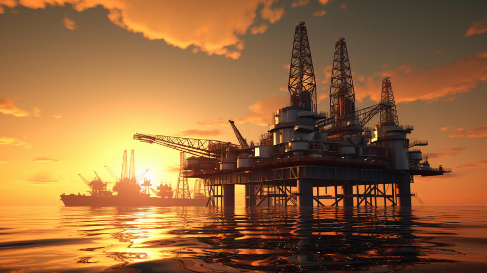 An oil rig platform at sea, surrounded by a golden sunrise.