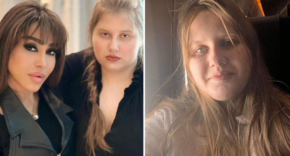 Left: Dr Fia Johansson and Julia Faustyna look serious as they pose for a picture. Right: Julia who believes she is Madeleine McCann smiles on a plane as she flees to the US. 