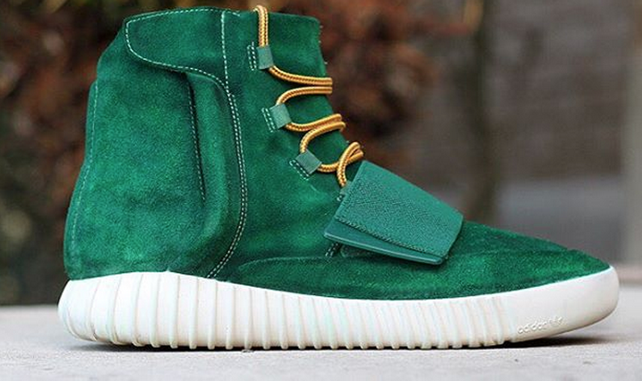 Green suede Yeezy Boost 750s by Jake Danklefs.