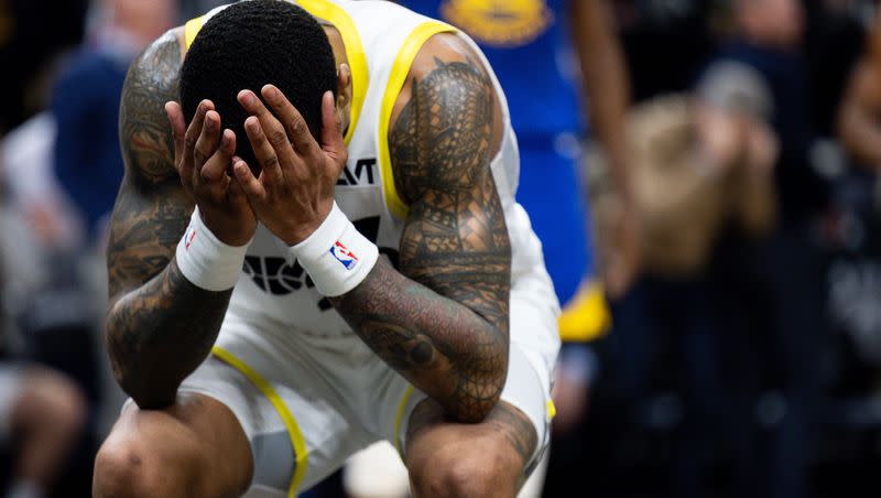 Utah Jazz forward John Collins (20) reacts after their 140-137 loss in the NBA basketball against the Golden State Warriors at the Delta Center in Salt Lake City on Thursday, Feb. 15, 2024.