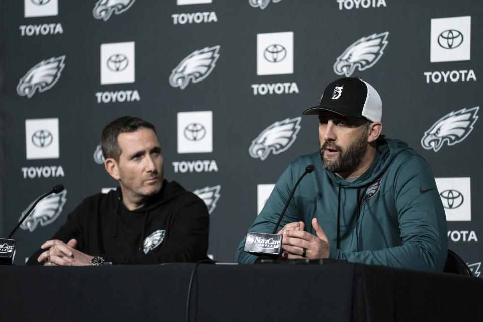 Philadelphia Eagles head coach Nick Sirianni, right, and general manager Howie Roseman take part in a news conference at the NFL football team's training facility in Philadelphia, Thursday, Feb. 16, 2023. (AP Photo/Matt Rourke)