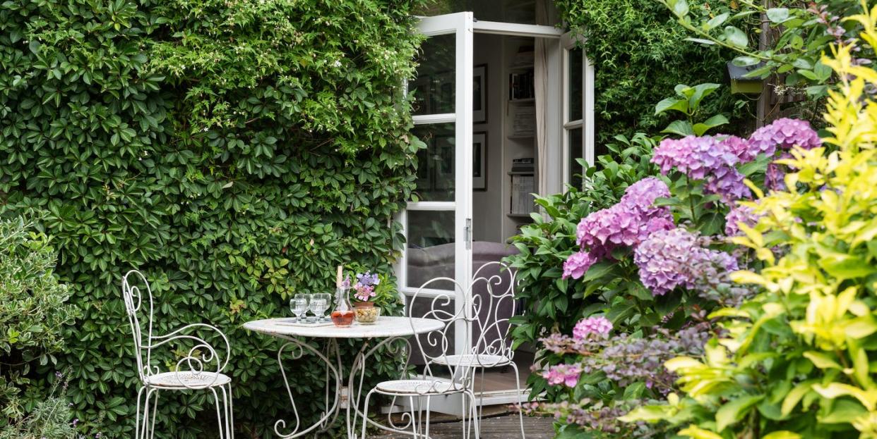 beautiful garden with dining set and shrubs