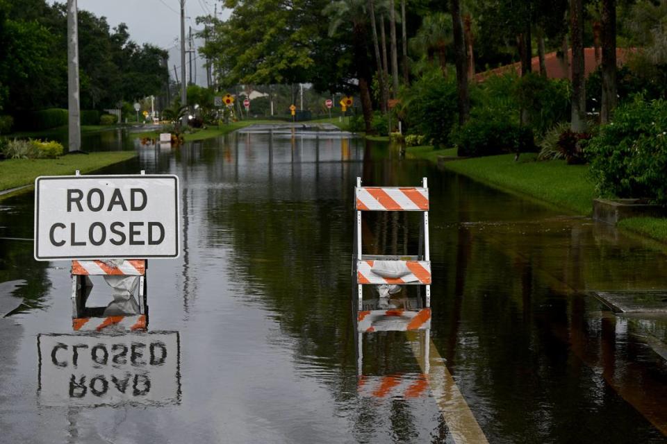 Several roads, including parts of El Conquistador Parkway, are closed in Manatee County on Monday, Aug. 5, 2024, after Tropical Storm Debby swept through the area.