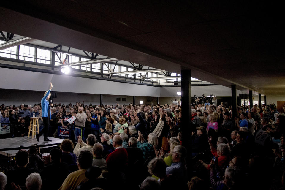 Democratic presidential candidate Sen. Elizabeth Warren, D-Mass., speaks at a campaign stop at the Mississippi Valley Fairgrounds, Sunday, Jan. 5, 2020, in Davenport, Iowa. (AP Photo/Andrew Harnik)