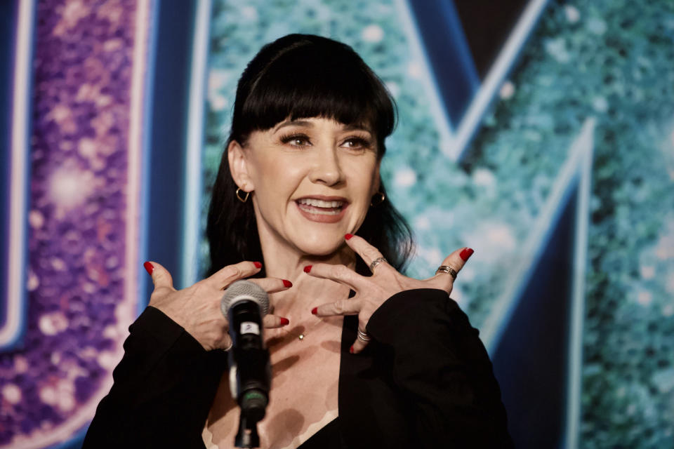 MEXICO CITY, MEXICO - SEPTEMBER 21, 2021: Actress Susana Zavaleta gesticulates while speaking  during a press conference to promote the theater play  The Prom at Cultural Center Theater 1 on September 21, 2021 in Mexico City, Mexico.  (Photo credit should read Julian Lopez / Eyepix Group/Future Publishing via Getty Images)