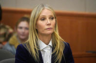 Gwyneth Paltrow reacts to the verdict in her trial, Thursday, March 30, 2023, in Park City, Utah. Paltrow won her court battle over a 2016 ski collision at a posh Utah ski resort after a jury decided Thursday that the movie star wasn’t at fault for the crash. (AP Photo/Rick Bowmer, Pool)