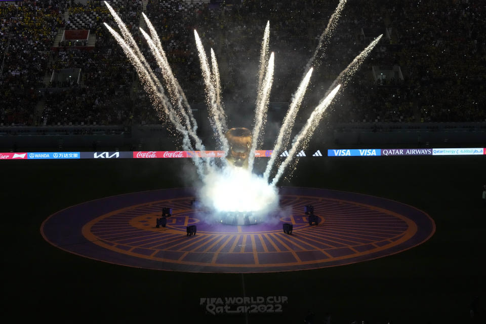 A view of the stadium with fireworks before the World Cup group A soccer match between Netherlands and Ecuador, at the Khalifa International Stadium in Doha, Qatar, Friday, Nov. 25, 2022. (AP Photo/Aijaz Rahi)