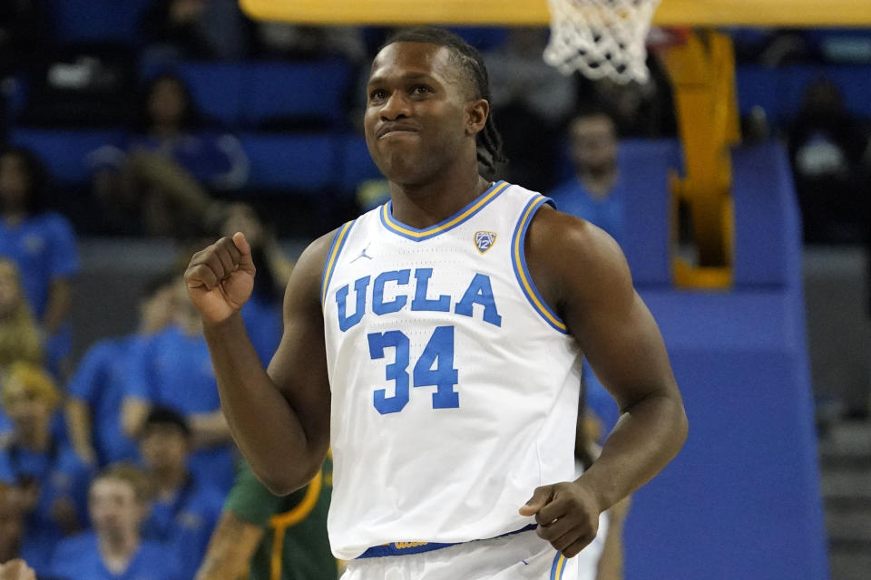 UCLA guard David Singleton celebrates after scoring during the first half of an NCAA college basketball game against the Norfolk State Monday, Nov. 14, 2022, in Los Angeles. (AP Photo/Mark J. Terrill)