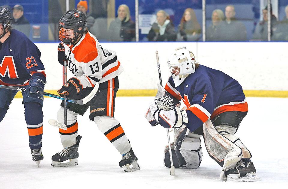 Sam Caufield of Milton Academy tries to get a eye on the puck despite a screen from Thayer's Tommy Anderson of Braintree.

Milton Academy hosts Thayer Academy in boys hockey on Friday Feb. 16, 2024