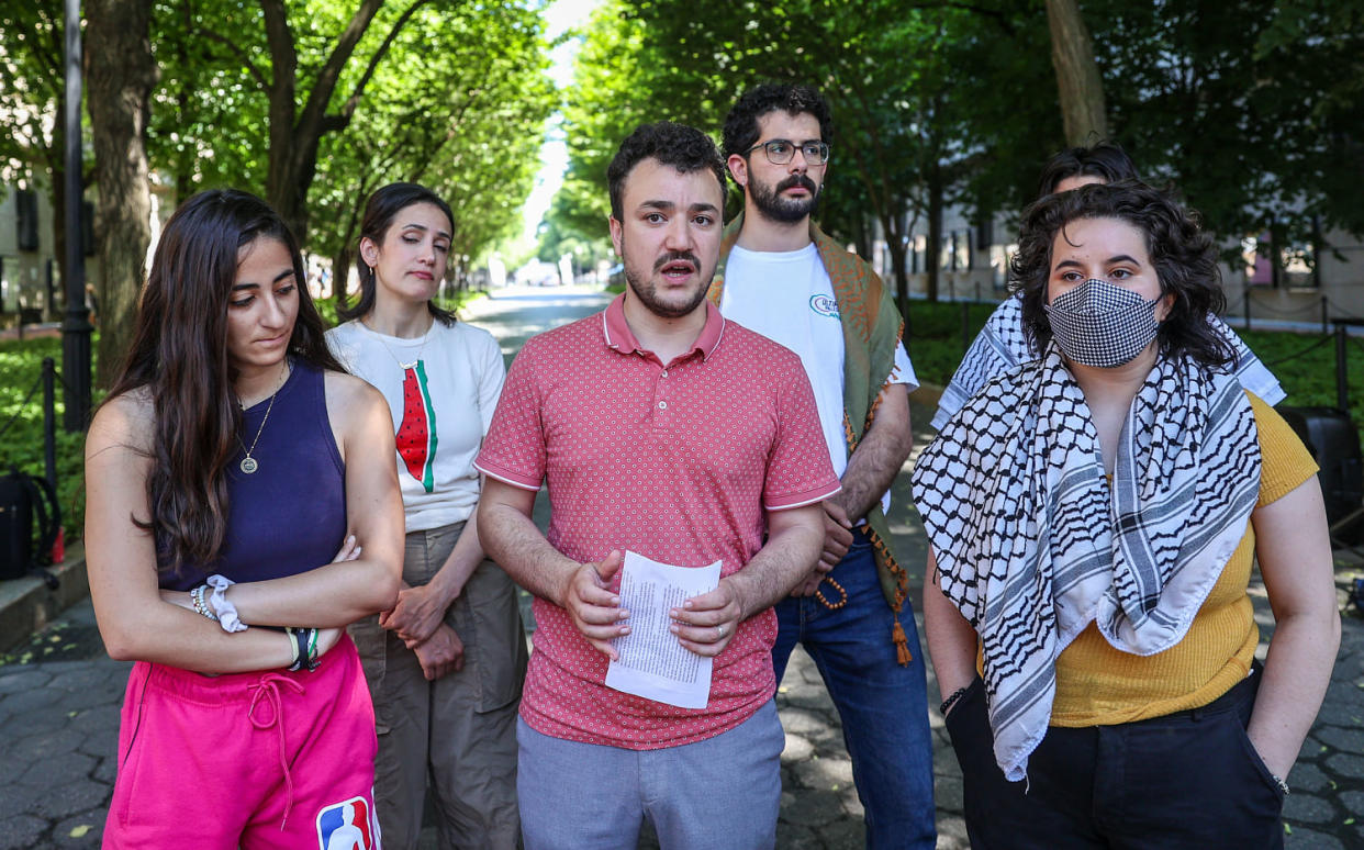 New encampment at Columbia: Pro-Palestinian protesters at Columbia University hold a press briefing (Selcuk Acar / Anadolu via Getty Images)