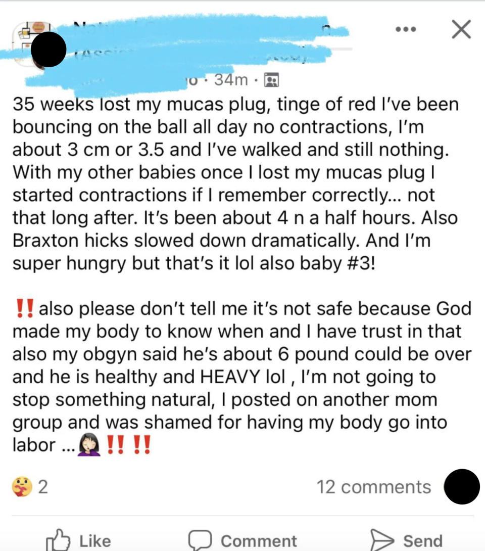 A social media post discussing pregnancy at 35 weeks, loss of mucus plug, initiating labor, and reactions to bouncing on a ball to speed up labor