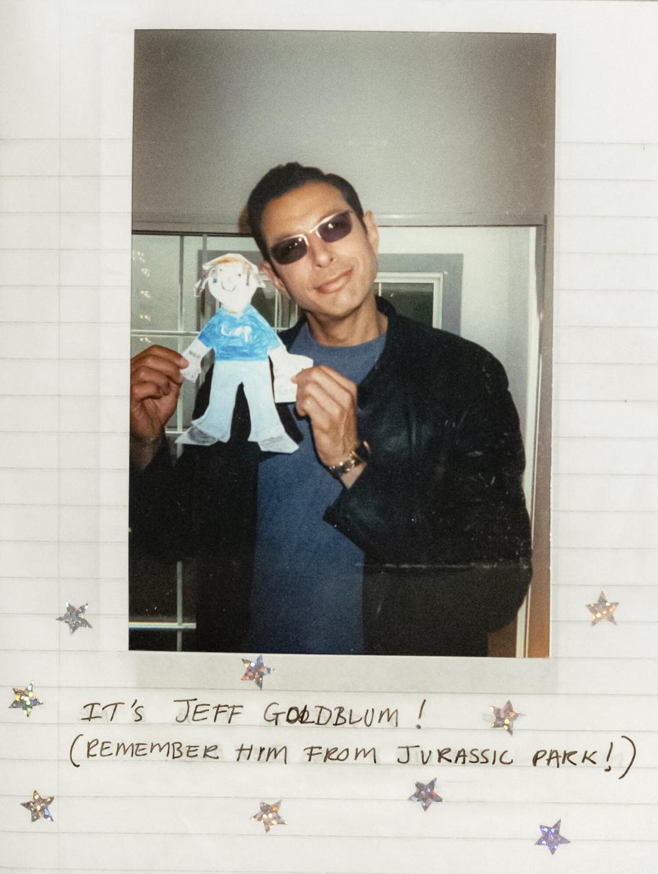 Pages from the Flat Stanley book that Jake Chessum photographed in 2000 for then third grader Amanda Crommett- found by Amanda in 2022. The two were connected via social media. Featured here, Jeff Goldblum