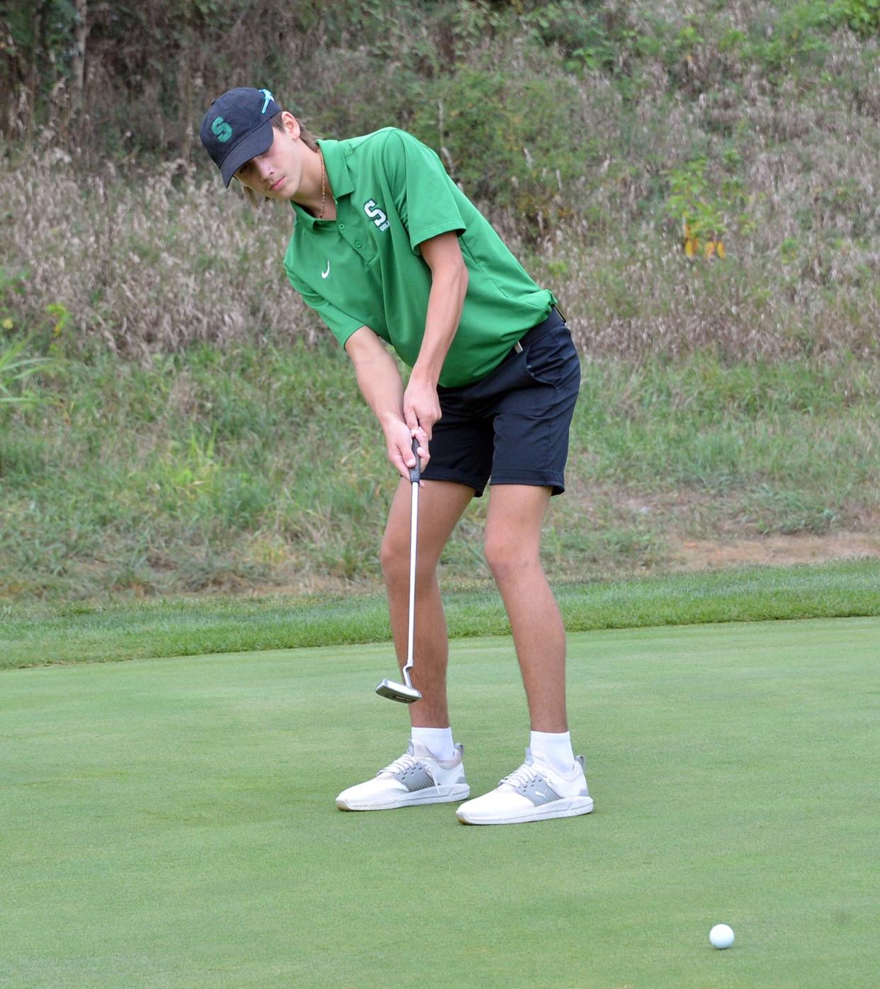 South Hagerstown's Luke Leisinger, shown playing for the golf team last fall, also plays for the Rebels' baseball team.