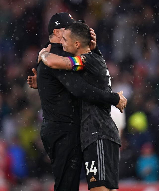 Southampton manager Ralph Hasenhuttl (right) and Arsenal’s Granit Xhaka embrace at the 1-1 draw at St Mary's Stadium