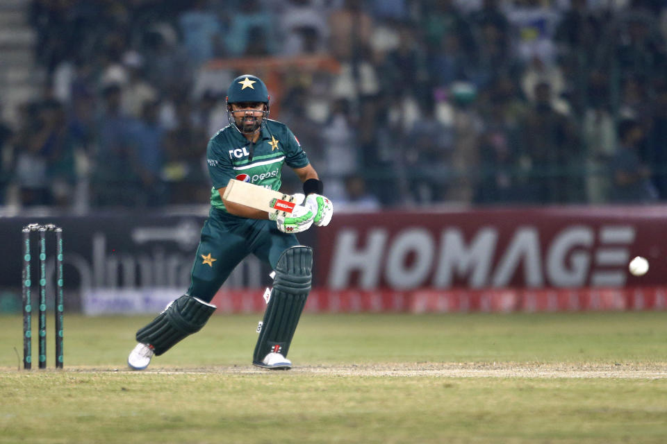 Pakistan's Babar Azam bats during the first one day international cricket match between Pakistan and West Indies at the Multan Cricket Stadium, in Multan, Pakistan, Wednesday, June 8, 2022. (AP Photo/Anjum Naveed)