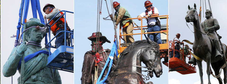 In this combination photo, crews remove the Confederate Soldiers & Sailors Monument in Libby Hill Park in Richmond, Va., on July 8, 2020, from left, the Confederate General J.E.B. Stuart on Monument Avenue in Richmond on July 7, 2020 and one of Confederate General Stonewall Jackson, also in Richmond, on July 1, 2020. At least 63 Confederate statues, monuments or markers have been removed from public land across the country since George Floyd’s death on May 25, making 2020 one of the busiest years yet for removals, according to an Associated Press tally. (AP Photos/Steve Helber)