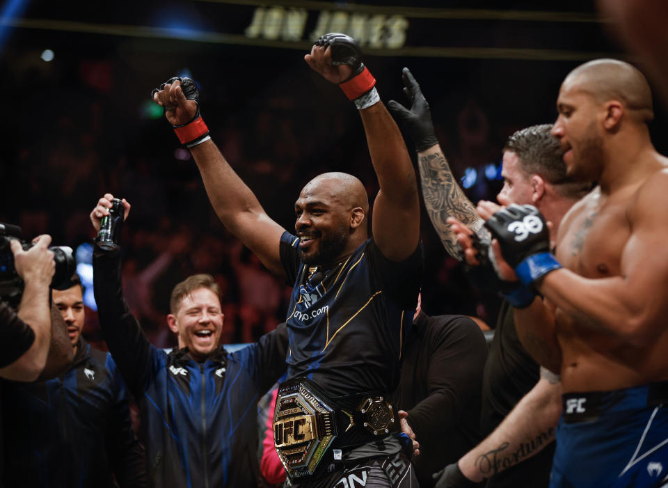 LAS VEGAS, NEVADA - MARCH 04: Jon Jones reacts to his win in the UFC heavyweight championship fight during the UFC 285 event at T-Mobile Arena on March 04, 2023 in Las Vegas, Nevada. (Photo by Chris Graythen/Getty Images)