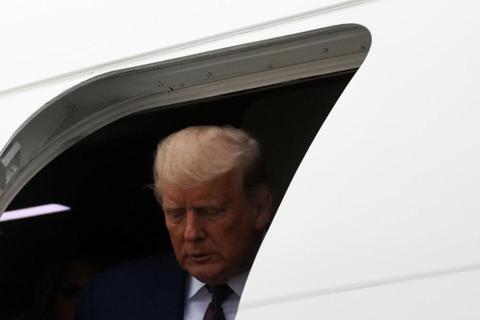 Donald Trump arrives aboard Air Force One on his way to a September 11 remembrance ceremony, in Johnstown, Pennsylvania.