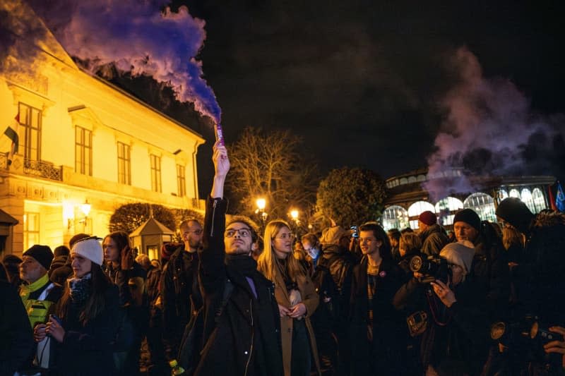 Protesters take part in a protest against Hungarian President Katalin Novak decision to pardon a man in a case of child sexual abuse. Marton Monus/dpa