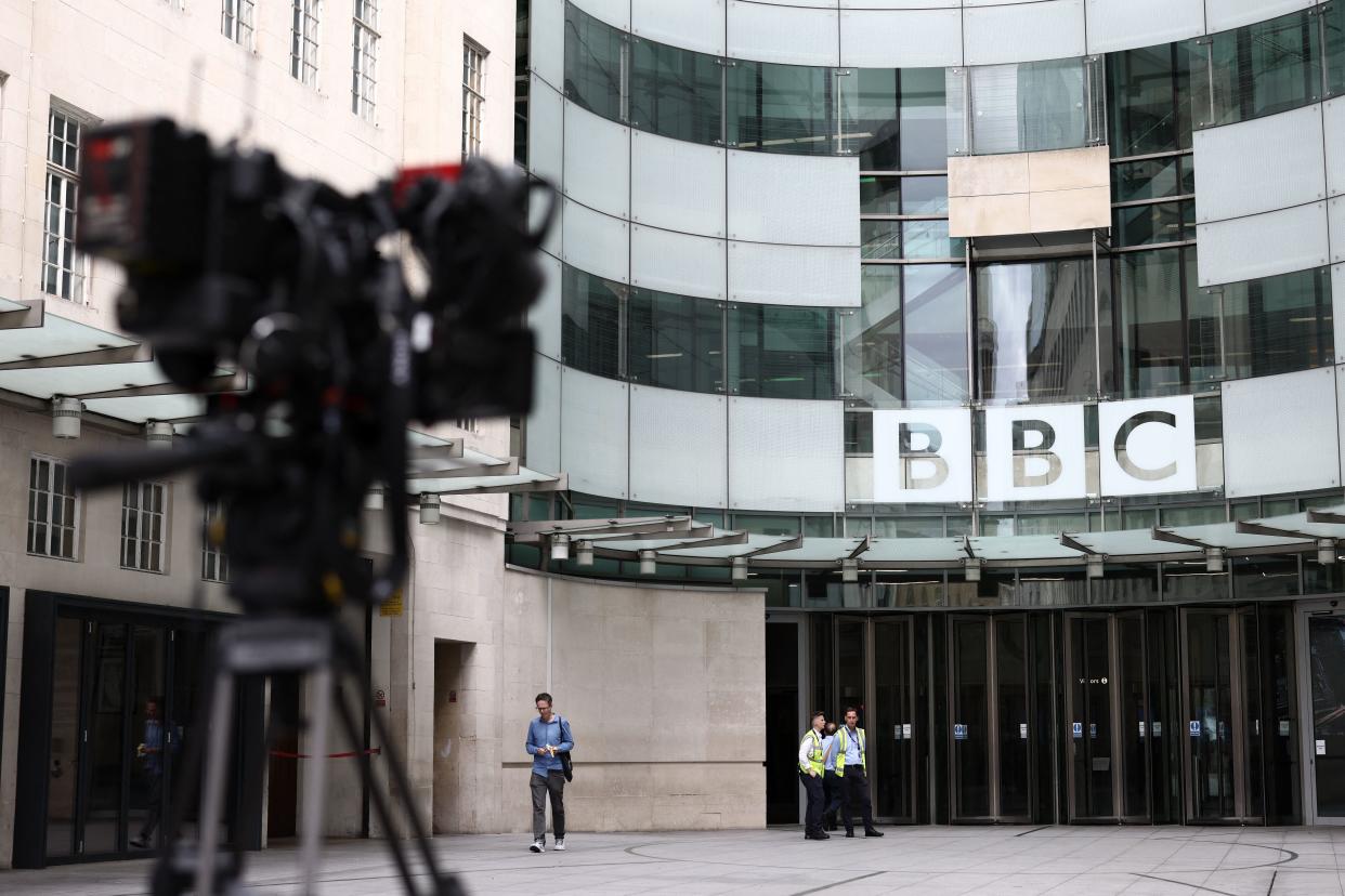 Security guards patrol outside BBC Broadcasting House in central London on July 9, 2023 (Photo by HENRY NICHOLLS / AFP) (Photo by HENRY NICHOLLS/AFP via Getty Images)