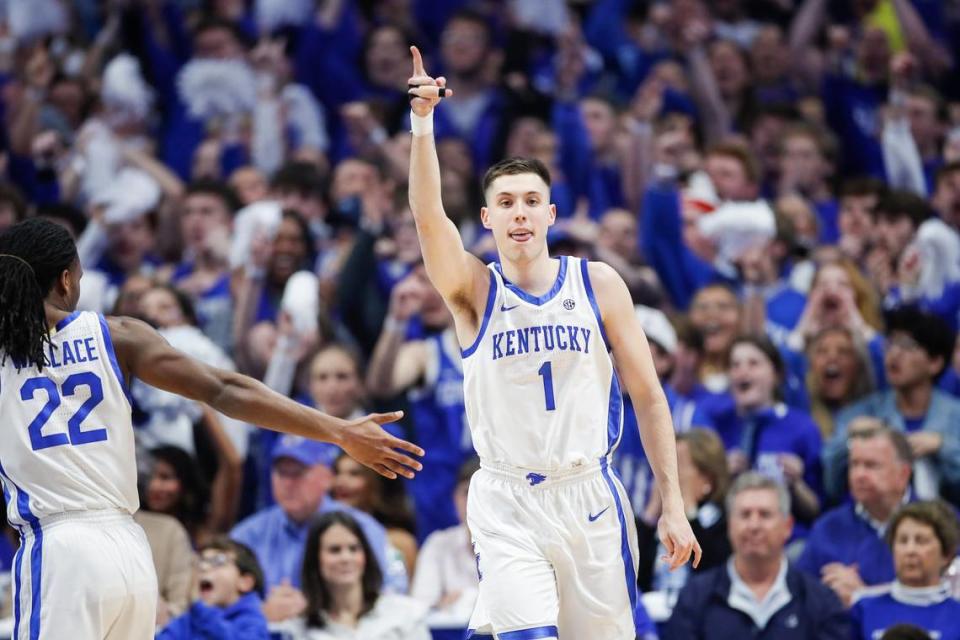Kentucky guard CJ Fredrick (1) snapped out of a shooting slump by making three of six three-pointers and scoring 12 points in UK’s 72-67 win over Florida on Saturday night at Rupp Arena.
