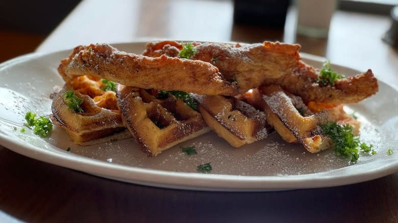 chicken and waffles with herbs