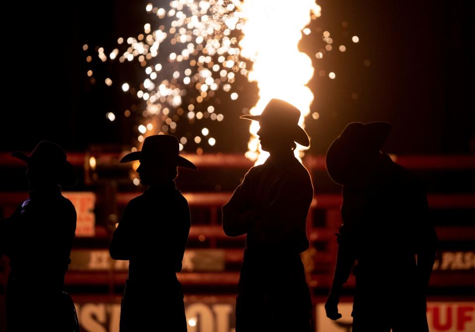 Opening ceremonies take place at the Tuff Hedeman Tour bull riding competition in El Paso, Texas at the El Paso County Coliseum on Feb. 4, 2023. 