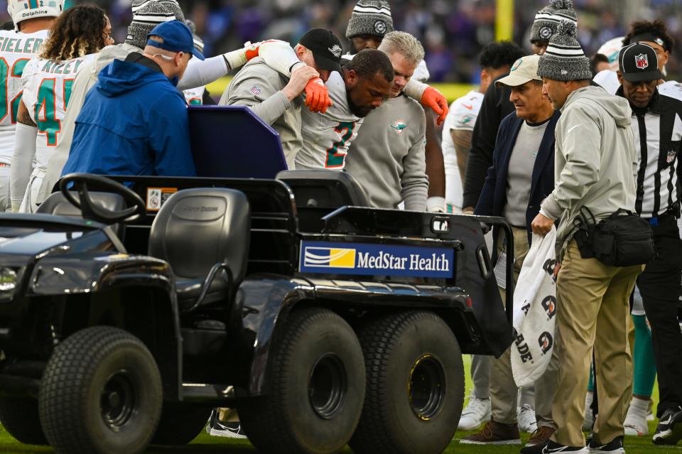 Dec 31, 2023; Baltimore, Maryland, USA; Miami Dolphins linebacker Bradley Chubb (2) ins helped to the cart after being injured during the second half against the Baltimore Ravens at M&T Bank Stadium.Baltimore Ravens defeated Miami Dolphins 56-19. Mandatory Credit: Tommy Gilligan-USA TODAY Sports