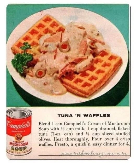 a recipe card for tuna 'n' waffles with an image of two square waffles covered in some sort of liquid, tuna, and olives