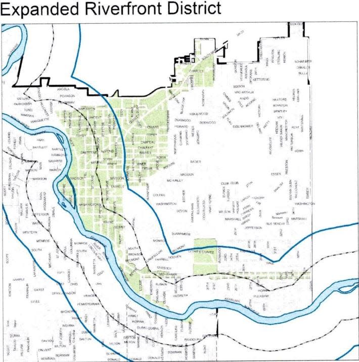 A map shows the expanded area on the eastern and southern sides of the St. Joseph River where businesses that serve food will be eligible for cheaper three-way liquor licenses.