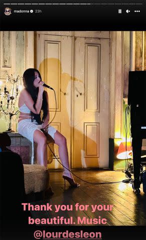 <p>Madonna/Instagram</p> Madonna's daughter Lourdes performs at her mom's birthday celebration.