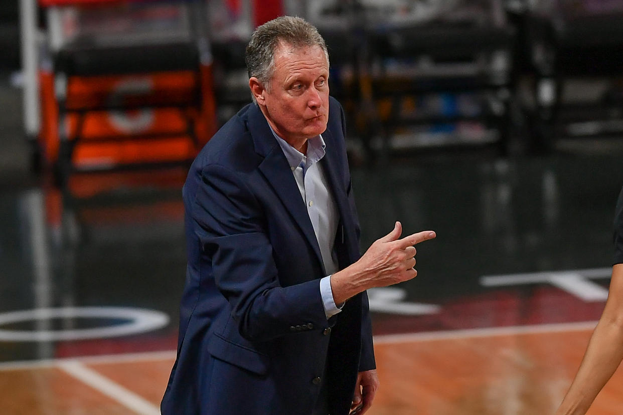 ATLANTA, GA  JUNE 13:  Atlanta interim coach Mike Petersen gestures from the sideline during the WNBA game between the Washington Mystics and the Atlanta Dream on June 13th, 2021 at Gateway Center Arena in College Park, GA. (Photo by Rich von Biberstein/Icon Sportswire via Getty Images)