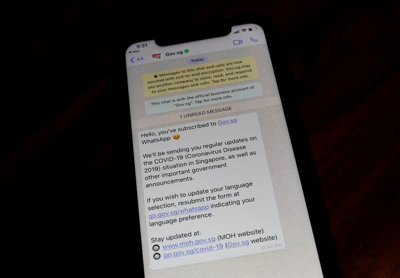 A screen shot of a Singapore government WhatsApp service which sends daily virus-related alerts to the subscriber in Singapore