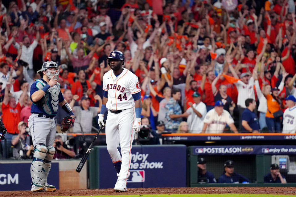 Yordan Alvarez of the Houston Astros hits a walk off three-run home run to beat the Seattle Mariners. (Photo by Daniel Shirey/MLB Photos via Getty Images)