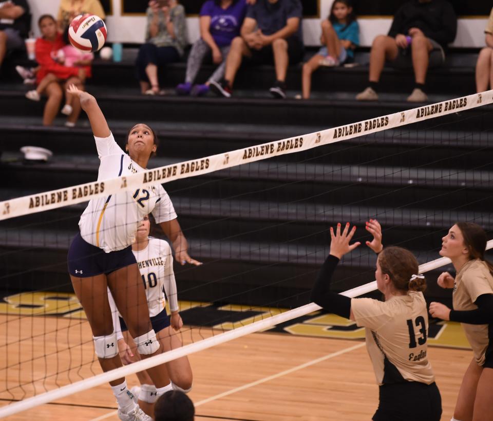 Stephenville's Keirstyn Carlton (12) hits the ball against Abilene High. The Honeybees beat AHS 25-16, 25-23, 25-13 in the non-district match Tuesday, Sept. 5, 2023, at Eagle Gym.