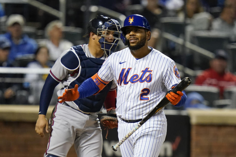 New York Mets' Dominic Smith (2) reacts after striking out during the fourth inning of a baseball game against the Atlanta Braves Tuesday, June 22, 2021, in New York. (AP Photo/Frank Franklin II)