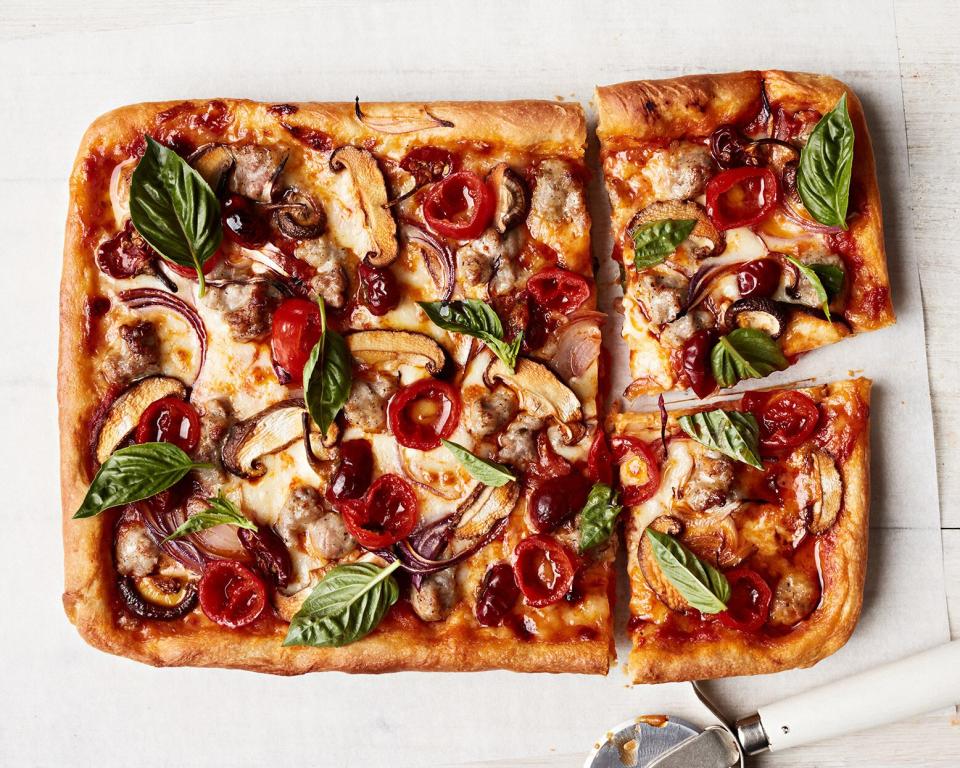 Sausage, Mushroom, and Pickled Pepper Pizza