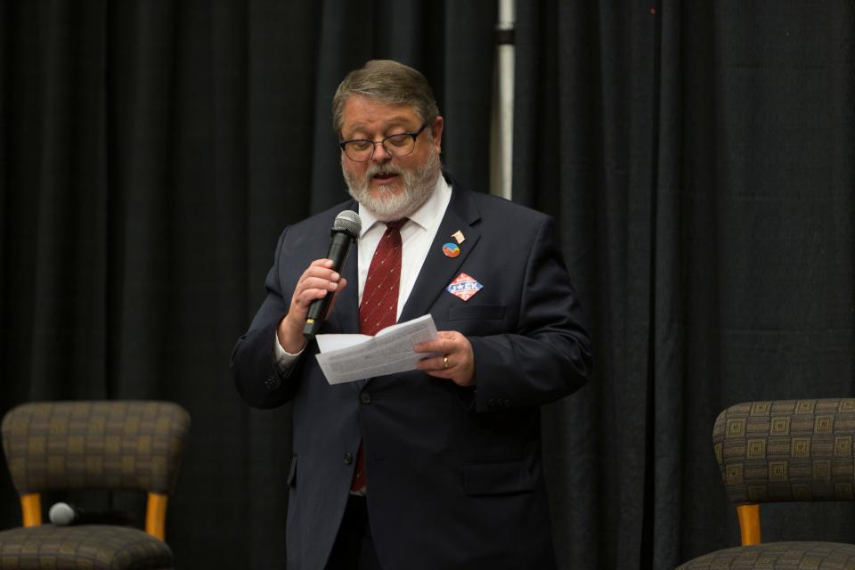 Colin Jack, a candidate running for Utah House District 73 this year, speaks during a debate hosted by the Washington County Republican Party for local candidates ahead of the upcoming primary election. Jack's opponent for the GOP nomination, Nina Barnes, did not attend. The debates were held at the Dixie Convention Center in St. George on Tuesday, May 17, 2022.