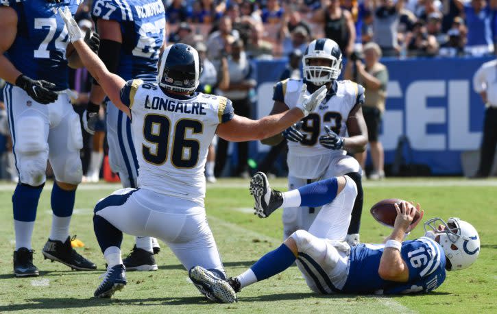 Sep 10, 2017; Los Angeles, CA, USA; Los Angeles Rams linebacker Matt Longacre (96) celebrates sacking Indianapolis Colts quarterback Scott Tolzien (16) in the third quarter of the Rams 46-9 wi at Los Angeles Memorial Coliseum. Mandatory Credit: Robert Hanashiro-USA TODAY Sports